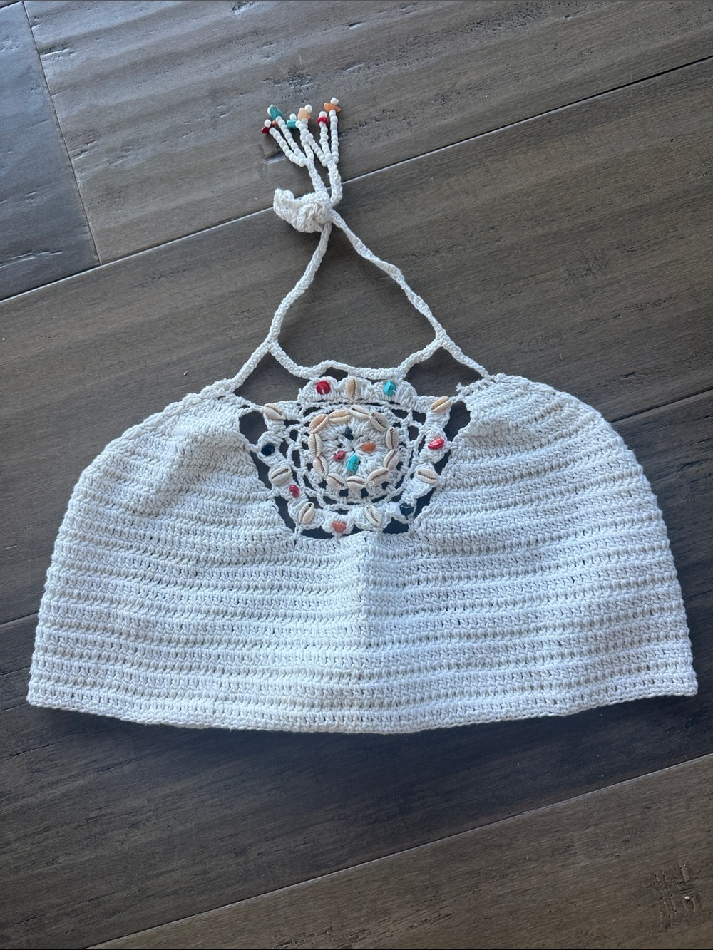 Hand-Crocheted White Boho Women’s halter top with Multicolor Bead Detail